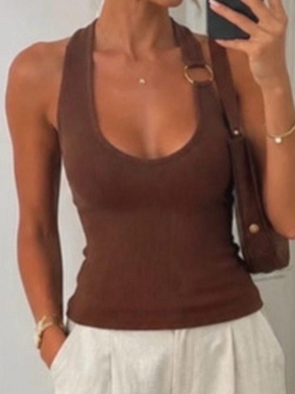 Zara Brown Ribbed Scoop-Neck Tank Top m/l